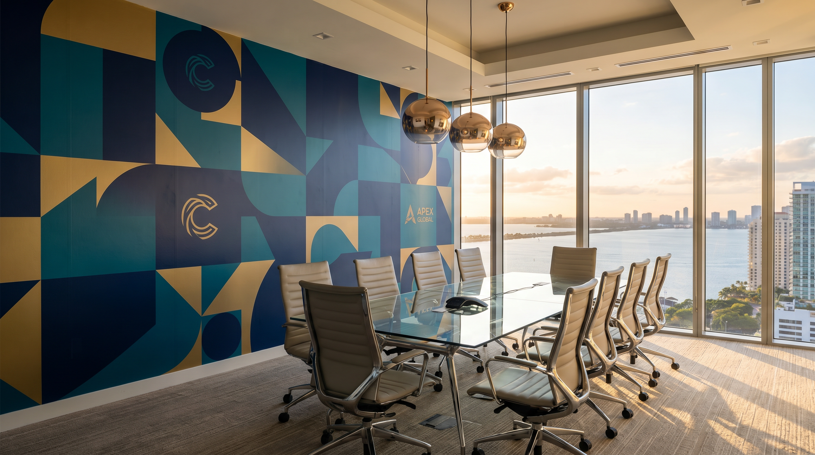 Modern corporate office with custom branded wallpaper