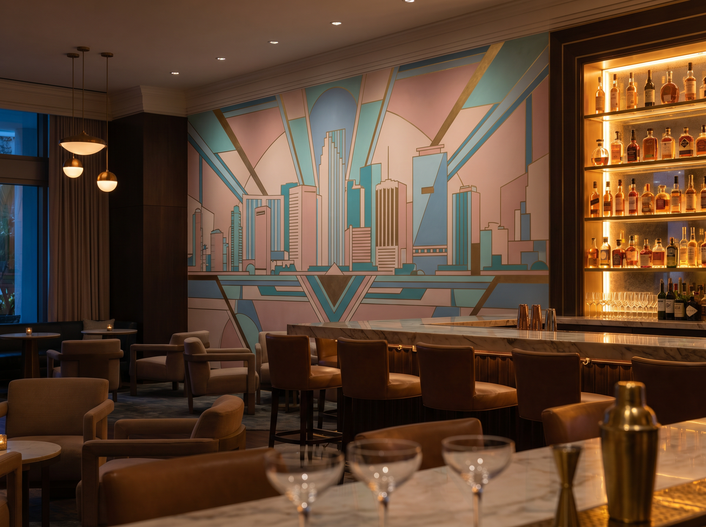 Restaurant interior with artistic wall mural
