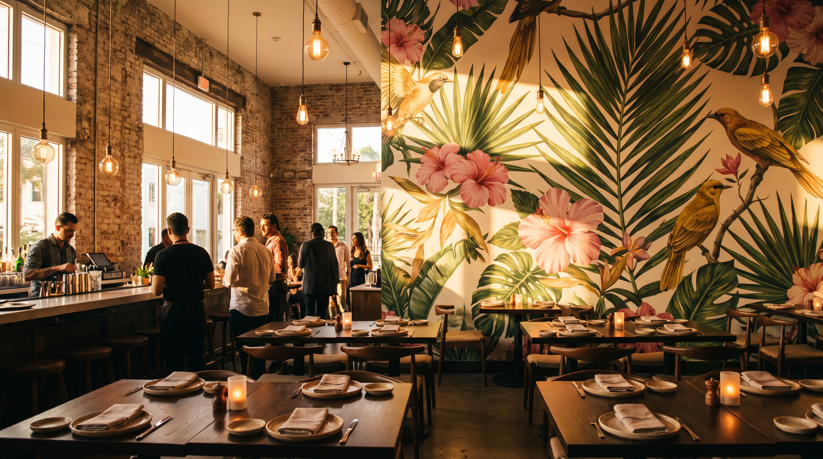 Restaurant interior with custom wall mural